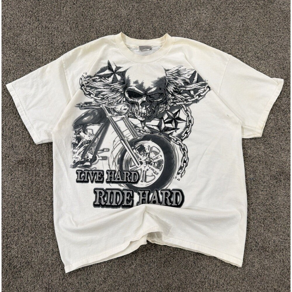 Vintage Y2K National Heritage Biker T Shirt Mens XL Skull Motorcycle Ride Hard